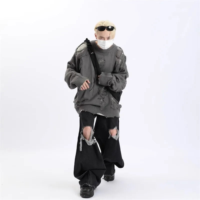 Suéteres falsos de dos piezas con agujeros para hombre, prendas de punto de gran tamaño Y2k con diseño hueco, cárdigan Reversible para subcultura, abrigos, ropa para hombre