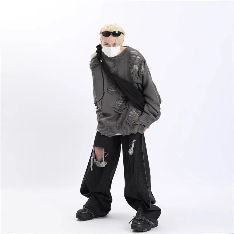 Suéteres falsos de dos piezas con agujeros para hombre, prendas de punto de gran tamaño Y2k con diseño hueco, cárdigan Reversible para subcultura, abrigos, ropa para hombre