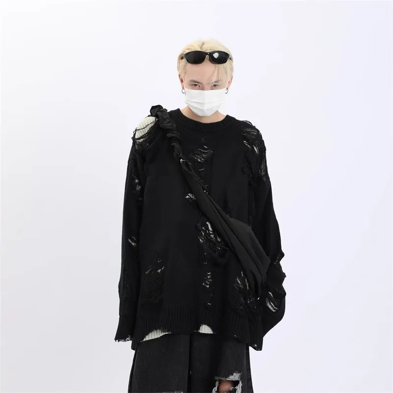 Suéteres falsos de dos piezas con agujeros para hombre, prendas de punto de gran tamaño Y2k con diseño hueco, cárdigan Reversible para subcultura, abrigos, ropa para hombre