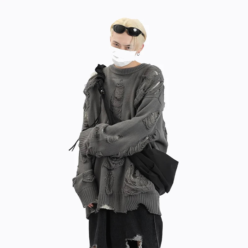 Suéteres falsos de dos piezas con agujeros para hombre, prendas de punto de gran tamaño Y2k con diseño hueco, cárdigan Reversible para subcultura, abrigos, ropa para hombre