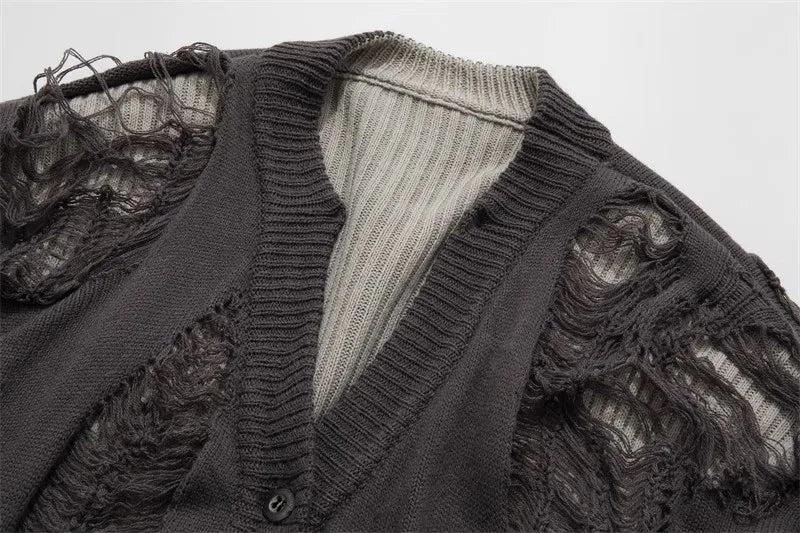 Suéteres falsos de dos piezas con agujeros para hombre, prendas de punto de gran tamaño Y2k con diseño hueco, cárdigan Reversible para subcultura, abrigos, ropa para hombre