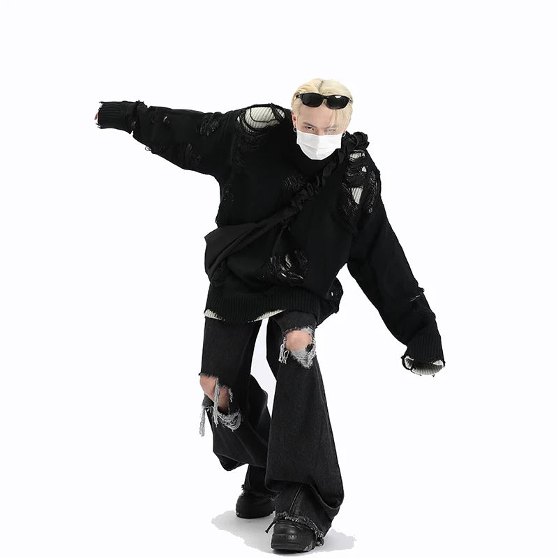 Suéteres falsos de dos piezas con agujeros para hombre, prendas de punto de gran tamaño Y2k con diseño hueco, cárdigan Reversible para subcultura, abrigos, ropa para hombre