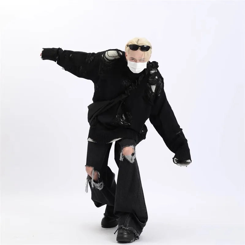 Suéteres falsos de dos piezas con agujeros para hombre, prendas de punto de gran tamaño Y2k con diseño hueco, cárdigan Reversible para subcultura, abrigos, ropa para hombre