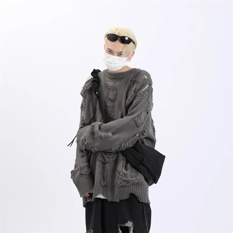 Suéteres falsos de dos piezas con agujeros para hombre, prendas de punto de gran tamaño Y2k con diseño hueco, cárdigan Reversible para subcultura, abrigos, ropa para hombre