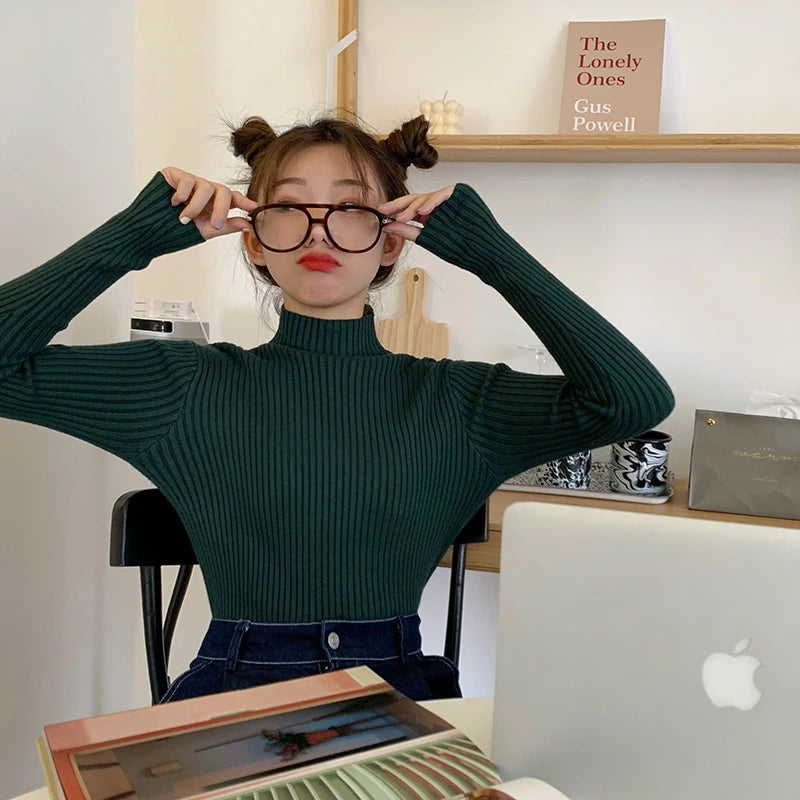 AOSSVIAO 2025 elegante Otoño Invierno suéter mujeres jerseys de manga larga Casual cuello alto cálido básico suéter de punto Jumpers Top