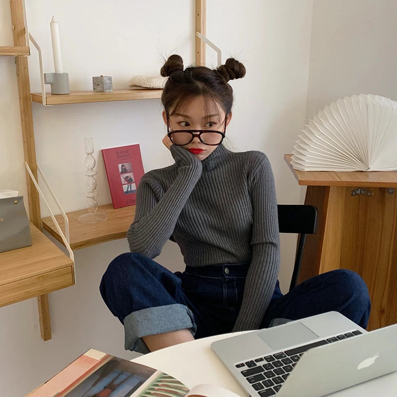 AOSSVIAO 2025 elegante Otoño Invierno suéter mujeres jerseys de manga larga Casual cuello alto cálido básico suéter de punto Jumpers Top YUNO STUDIOS