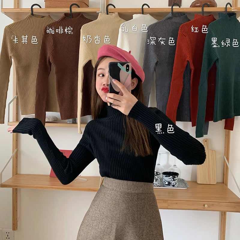 AOSSVIAO 2025 elegante Otoño Invierno suéter mujeres jerseys de manga larga Casual cuello alto cálido básico suéter de punto Jumpers Top YUNO STUDIOS