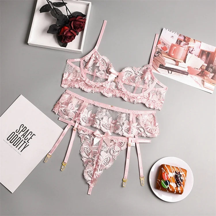 New Fun Lingerie Three Piece Set with Flower Embroidery Panel Waistband Sexy Women's Fun Set YUNO STUDIOS