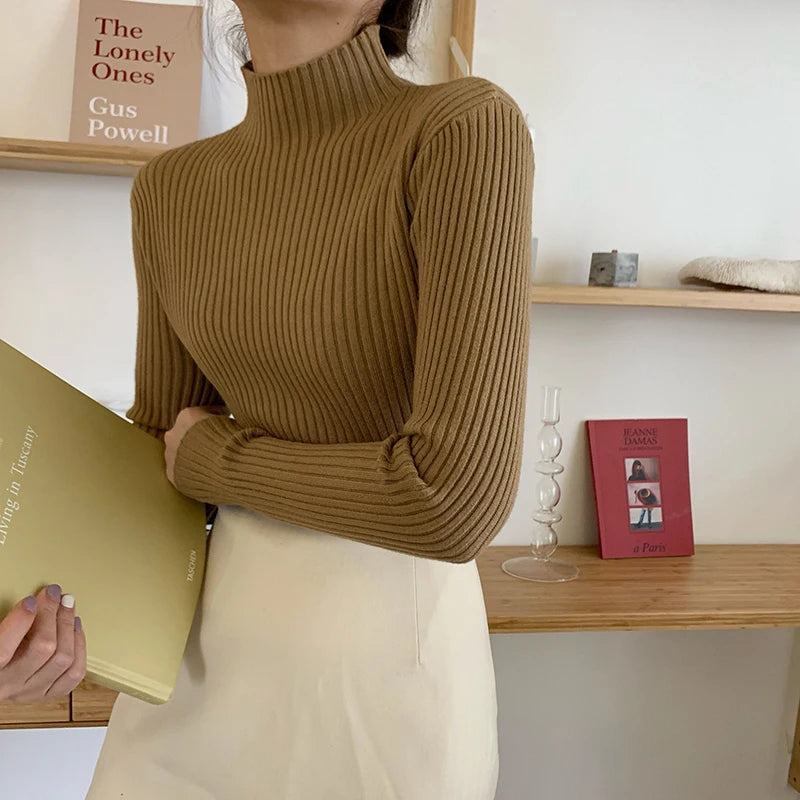 AOSSVIAO 2025 elegante Otoño Invierno suéter mujeres jerseys de manga larga Casual cuello alto cálido básico suéter de punto Jumpers Top YUNO STUDIOS
