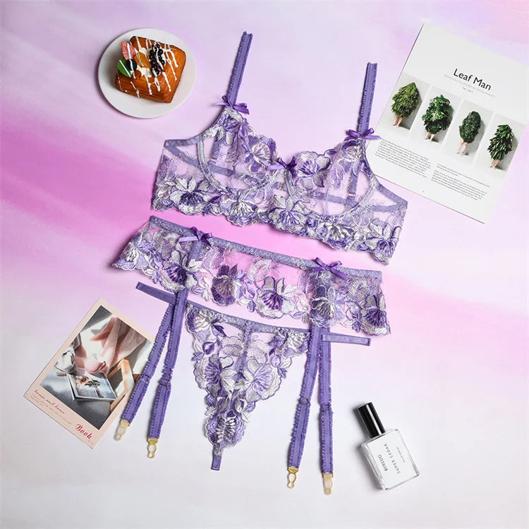 New Fun Lingerie Three Piece Set with Flower Embroidery Panel Waistband Sexy Women's Fun Set YUNO STUDIOS
