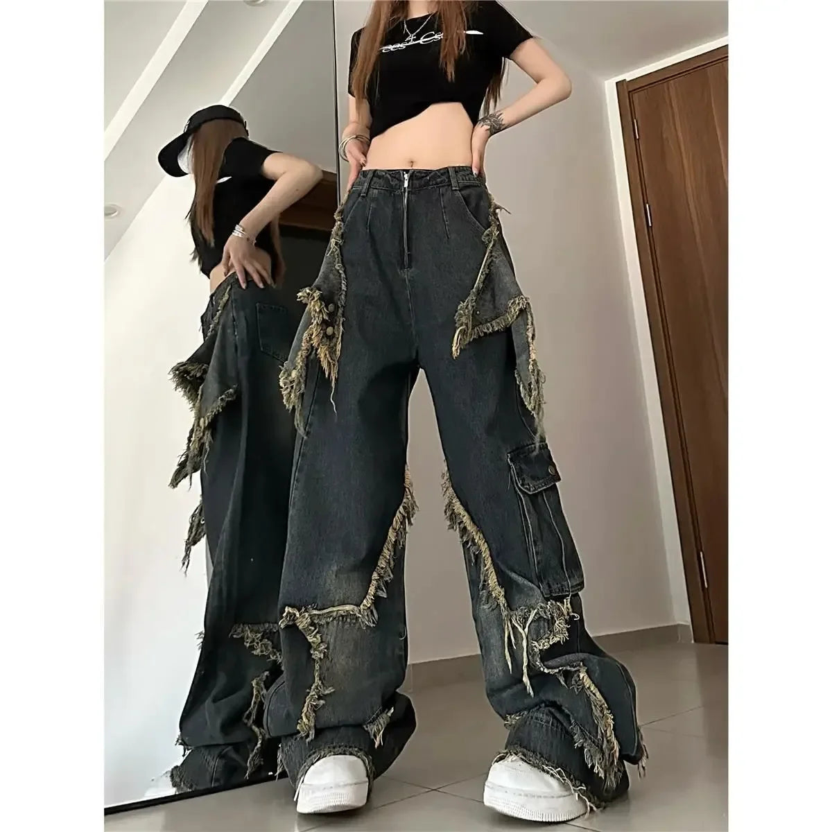 Nuevos pantalones vaqueros con dobladillo deshilachado y estrella de cinco puntos lavados Vintage americanos para mujer, pantalones largos de pierna recta de gran tamaño con nicho de calle alta