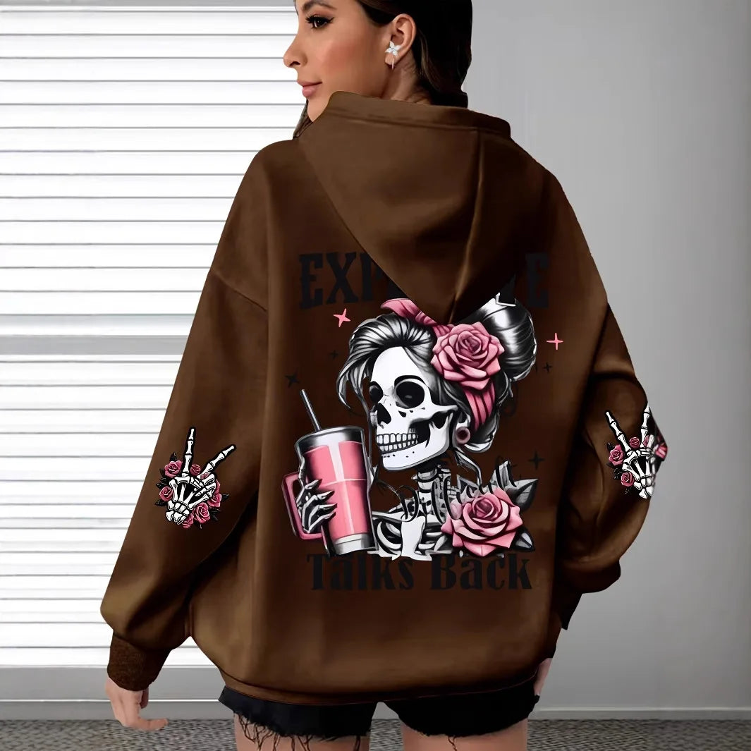 2025 Ropa deportiva de gran tamaño popular para otoño e invierno, sudadera con capucha de manga larga con estampado de calavera YUNO STUDIOS