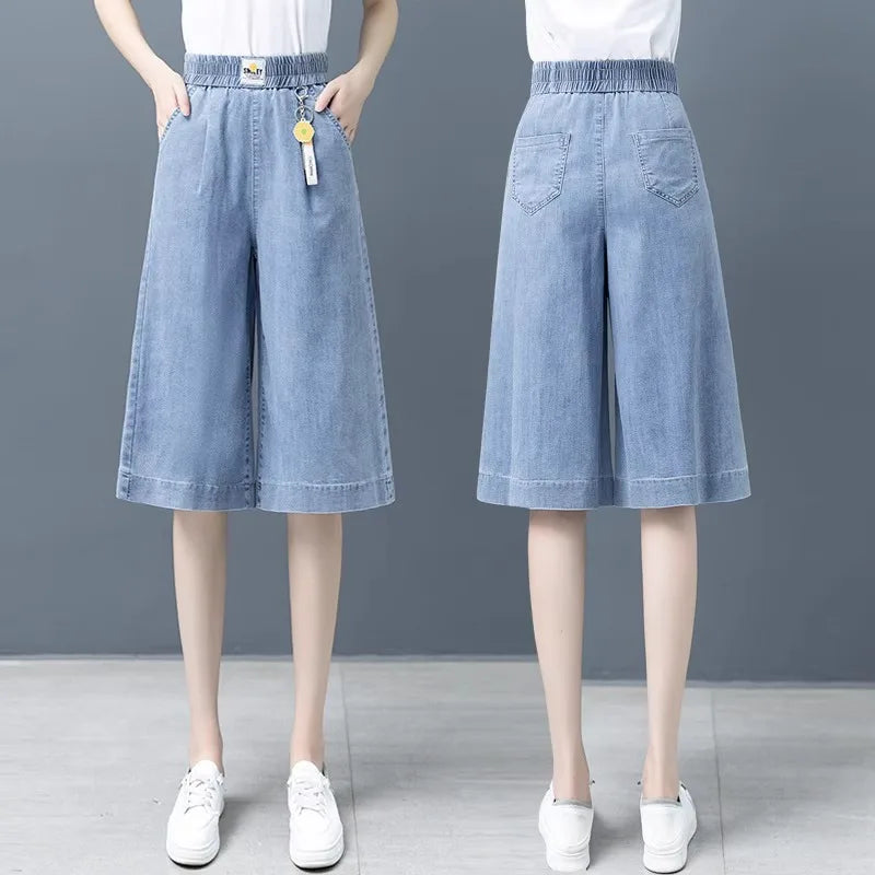 Plones vaqueros de pierna ancha de cintura alta para mujer, novedad de verano, estilo fino, cinco-siete, sueltos, adeaz...