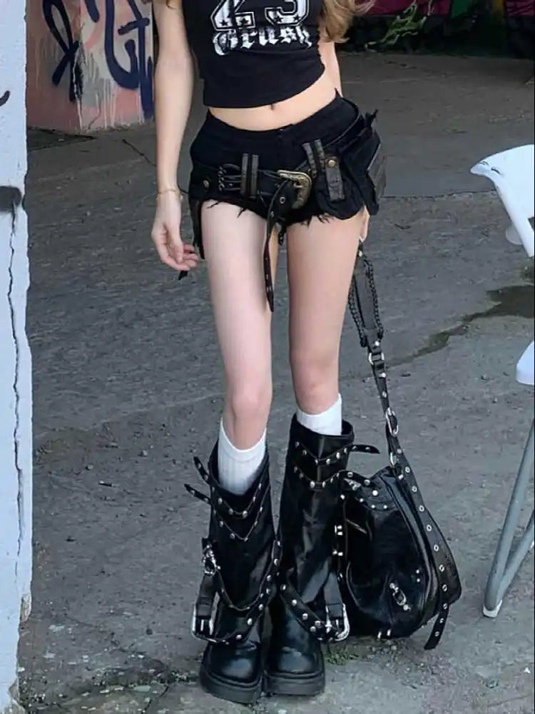 Verano Mujer Goblin Core Gyaru Coquette pantalones cortos vaqueros de tiro bajo con cinturón japonés Harajuku Jean pantalones calientes Academia oscura Kpop Y2k