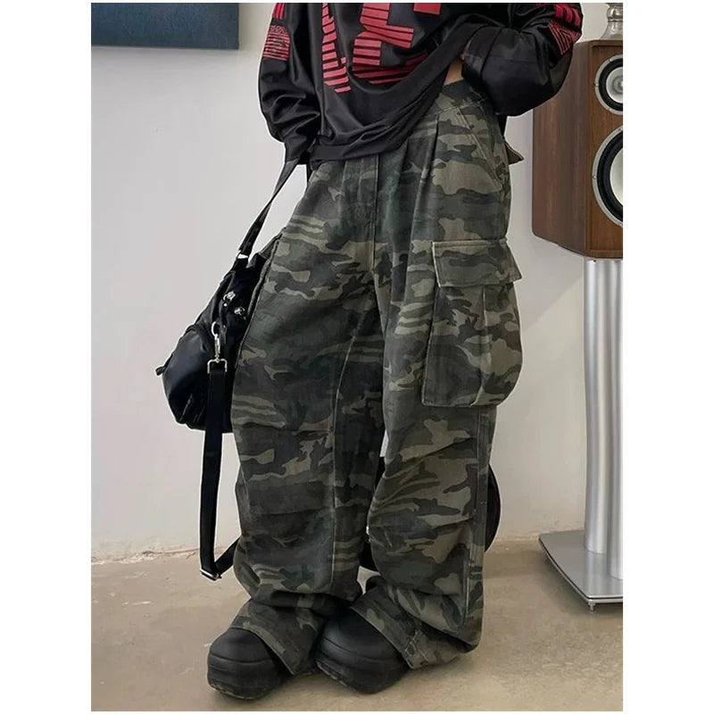 Pantalones vaqueros verdes militares para mujer, pantalones vaqueros holgados rectos Vintage de cintura alta Y2K, pantalones vaqueros de pierna ancha a la moda americana de Hip Hop
