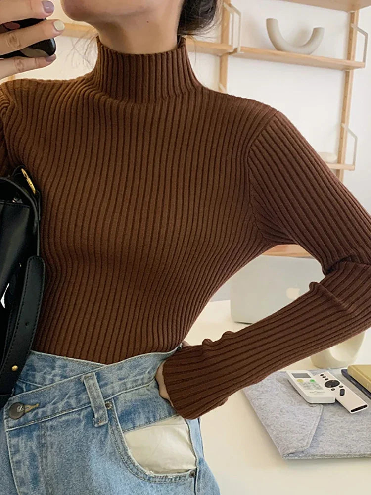 AOSSVIAO 2025 elegante Otoño Invierno suéter mujeres jerseys de manga larga Casual cuello alto cálido básico suéter de punto Jumpers Top