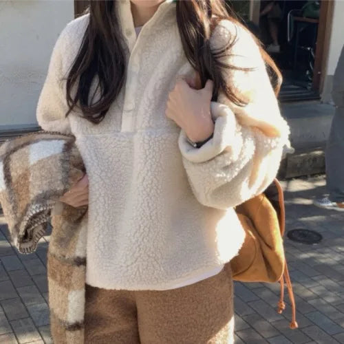 Suda de Terciopelo de Cordero para Mujer, Estilo Hoado y Casual, Cuello Alto, Abrigo Cálido de Manga Larga, Versión Cor...