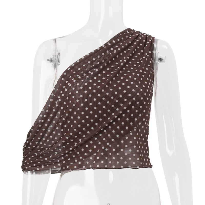 WhereMery Vintage lunares sin mangas Slim Crop Tops Y2K Sexy hombro inclinado chaleco de mujer 2025 verano Casual Fiesta Club Camis YUNO STUDIOS