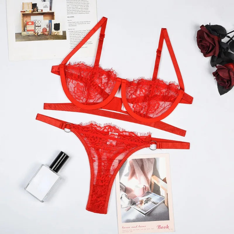 Lencería Sexy para mujer, ropa interior transparente de encaje, conjuntos de bragas con bordado de hadas, Kit de sujetador delicado, conjuntos de Breves de realce, sujetadores eróticos finos