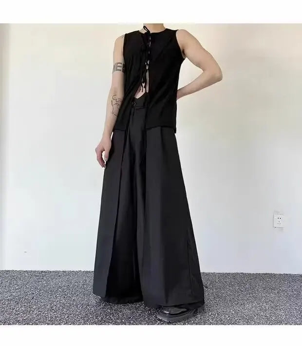 Pantalones japoneses en capas de vanguardista para hombre, pantalones Hakama Y2k de pierna ancha, ropa de calle estética oscura, ropa de gran tamaño