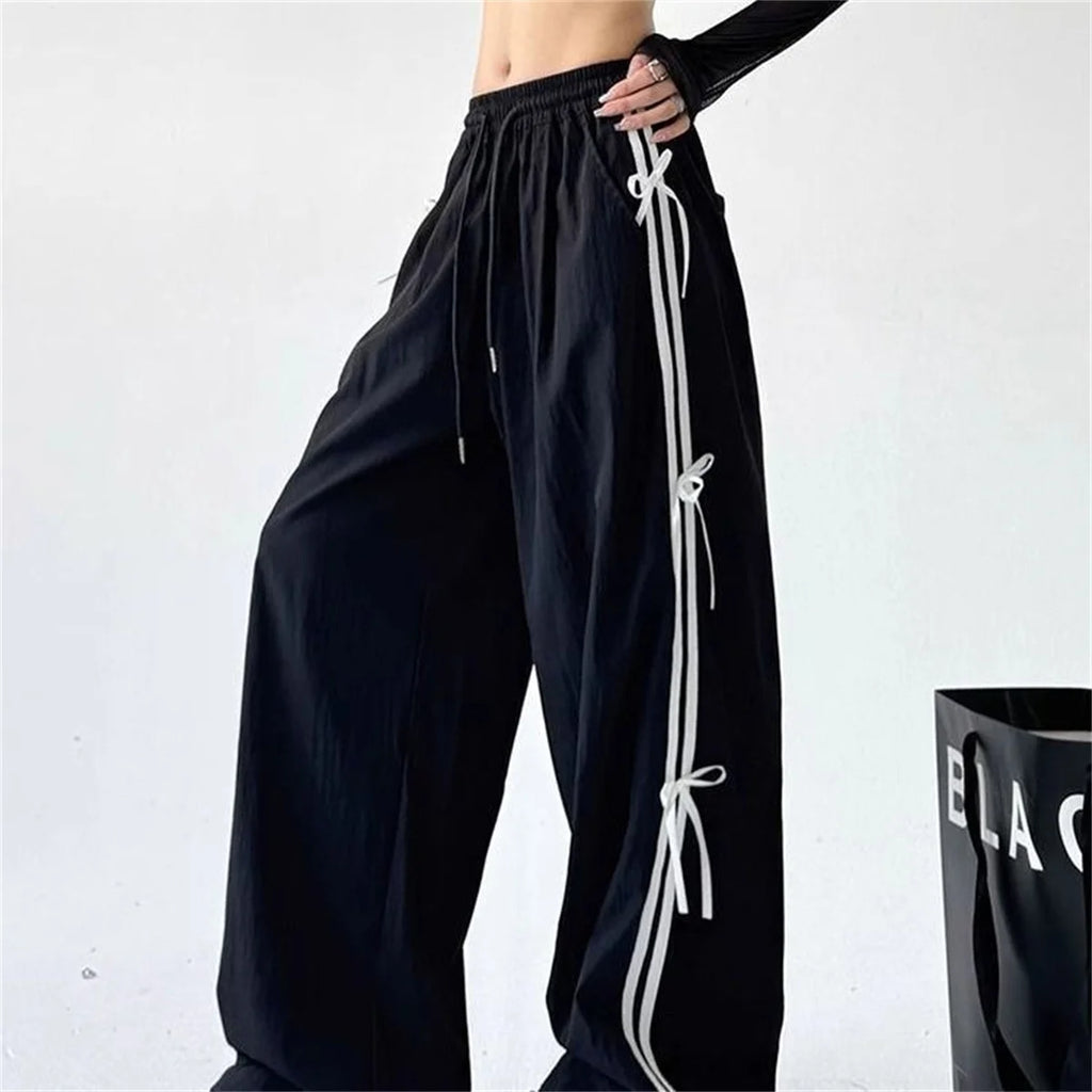 Pantalones de pierna ancha con lazo a rayas laterales Retro para mujer, pantalones deportivos informales de cintura alta, pantalones Cargo Harajuku, ropa de calle, Joggers de Hip Hop