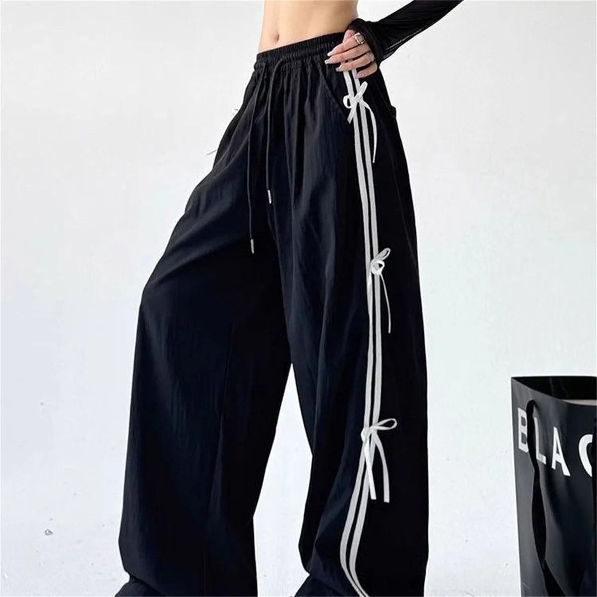 Pantalones de pierna ancha con lazo a rayas laterales Retro para mujer, pantalones deportivos informales de cintura alta, pantalones Cargo Harajuku, ropa de calle, Joggers de Hip Hop