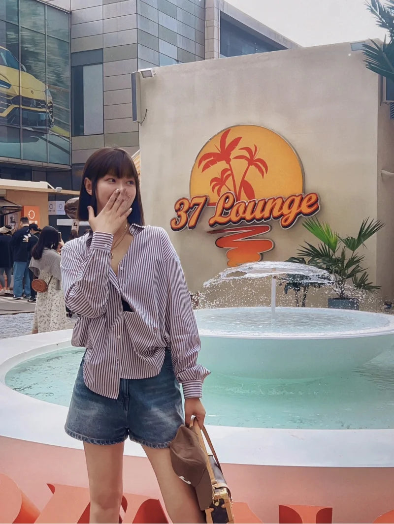 ETJ 2025 primavera de las mujeres nueva moda europea-americana rayas de manga larga solapa versión suelta camisa de popelina selección multicolor