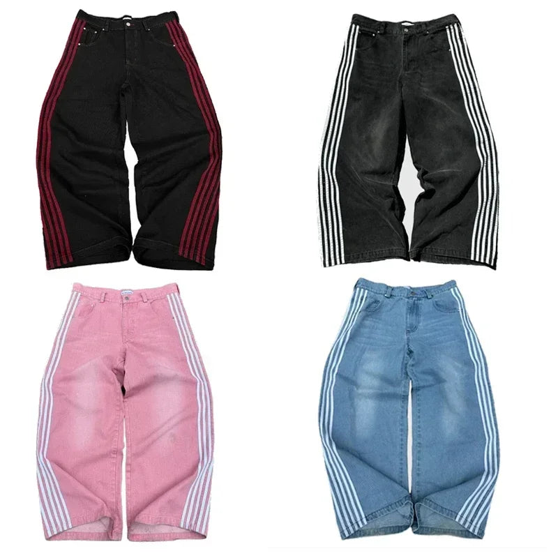 Pantalones vaqueros holgados Y2K de alta calidad, pantalones de chándal Harajuku bordados a rayas, ropa informal estilo Hip Hop para hombres y mujeres, pantalones vaqueros de pierna ancha informales