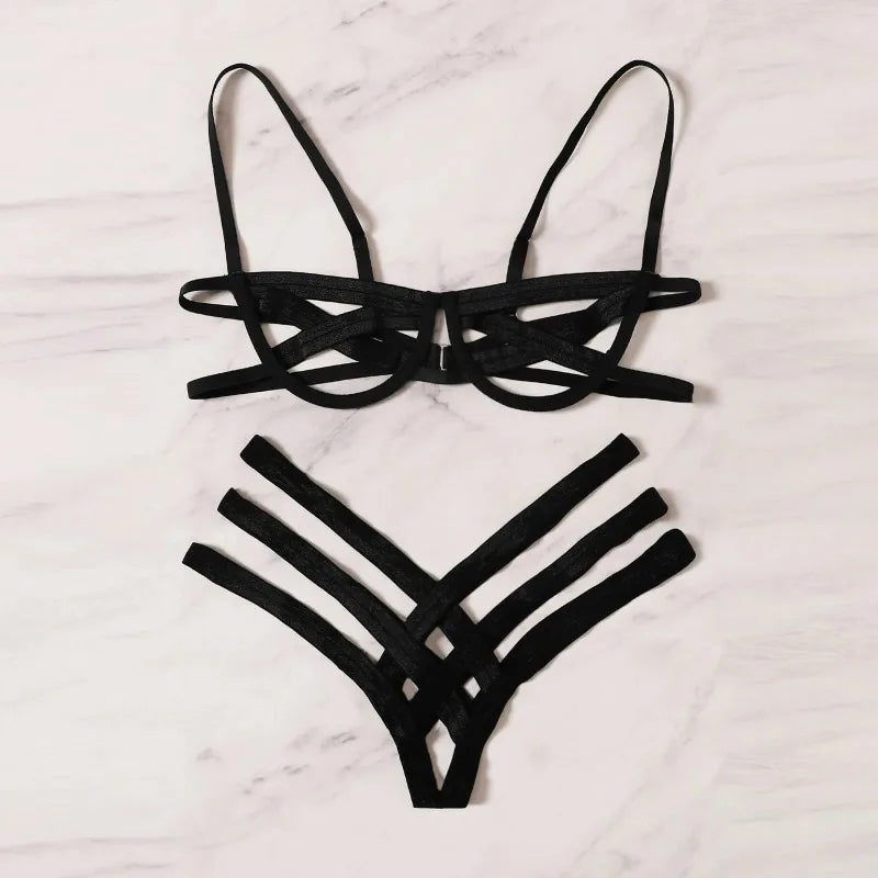 Conjunto de lencería con arnés Bondage para mujer, conjuntos de sujetador calado elástico, sujetador de jaula sin copas negro, Tanga, ropa interior íntima Sexy exótica