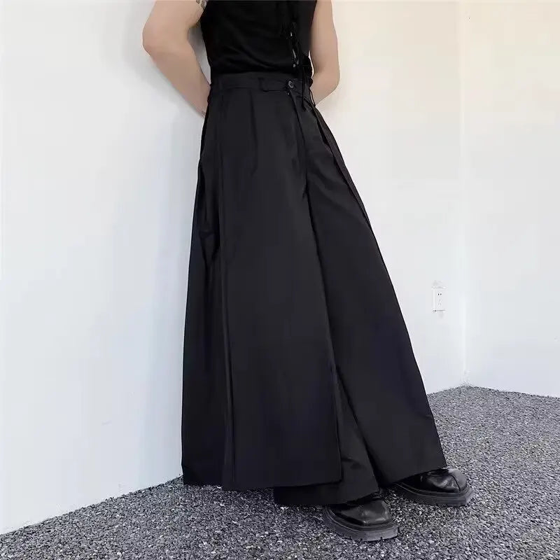 Pantalones japoneses en capas de vanguardista para hombre, pantalones Hakama Y2k de pierna ancha, ropa de calle estética oscura, ropa de gran tamaño YUNO STUDIOS
