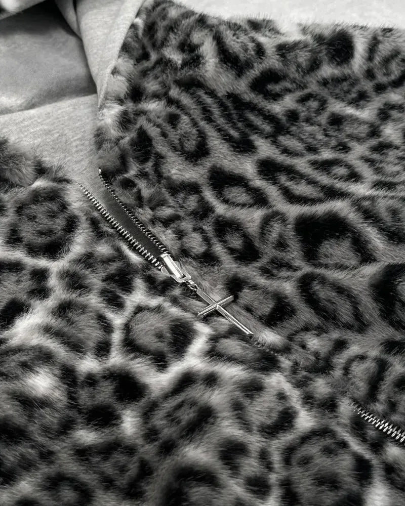 Nueva ropa de dos caras Harajuku Retro estampado de leopardo moda suelta cremallera Sudadera con capucha hombres calle Hip-hop Casual sudadera mujeres YUNO STUDIOS