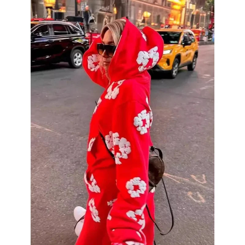 Sudadera con capucha de franela de algodón holgada, traje informal estilo callejero, sudadera con capucha Y2K, conjunto de ocio para parejas americanas de calle alta