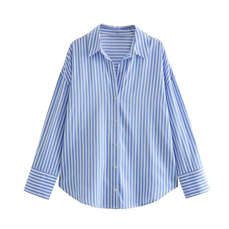 ETJ 2025 primavera de las mujeres nueva moda europea-americana rayas de manga larga solapa versión suelta camisa de popelina selección multicolor YUNO STUDIOS
