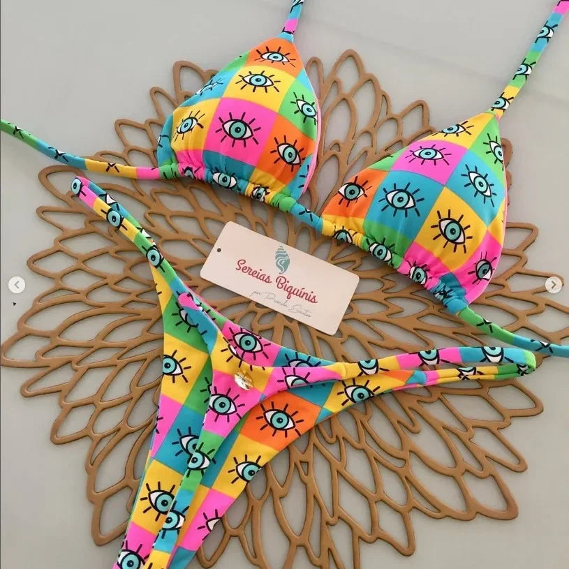 Conjuntos de Bikini sexys con estampado, Tops con cordones y cuello Halter, tangas, traje de baño estilo playero Y2k, trajes de baño para mujer, ropa de playa Куshenльник Ж Salahdhe 2025