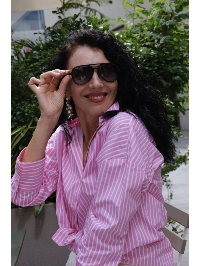 ETJ 2025 primavera de las mujeres nueva moda europea-americana rayas de manga larga solapa versión suelta camisa de popelina selección multicolor