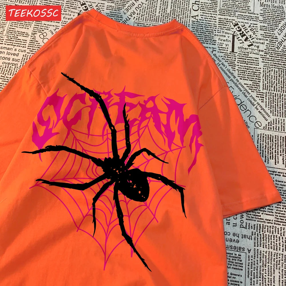 Camisetas informales de algodón para mujer, Tops con estampado de telarañas y grito, ropa femenina de moda de manga corta suave con cuello redondo de gran tamaño