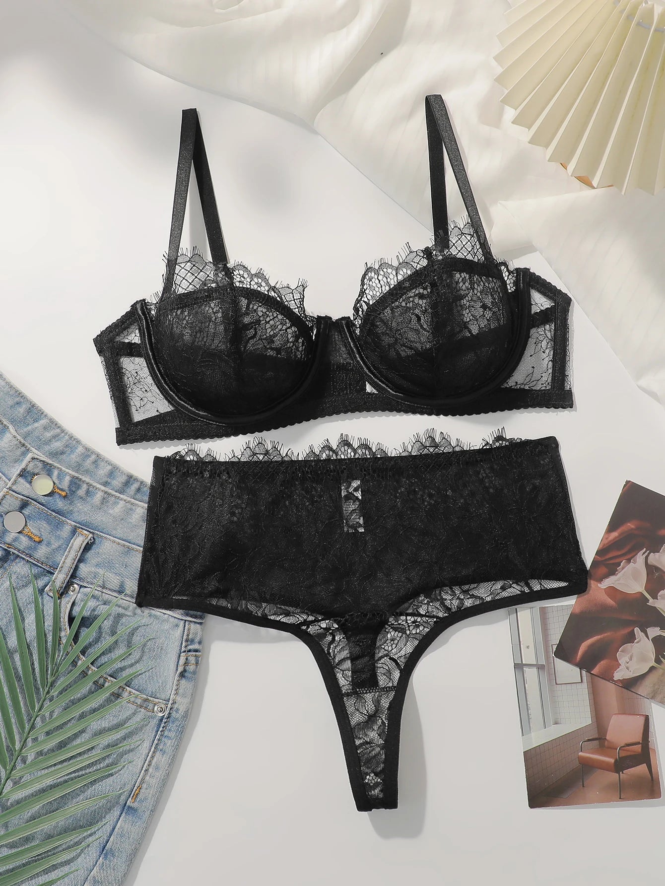 Conjunto de lencería transparente ultrafina de encaje negro de 2 piezas, conjunto sexy de color sólido, sujetador para mujer, Tanga de fiesta, ropa interior MR3406