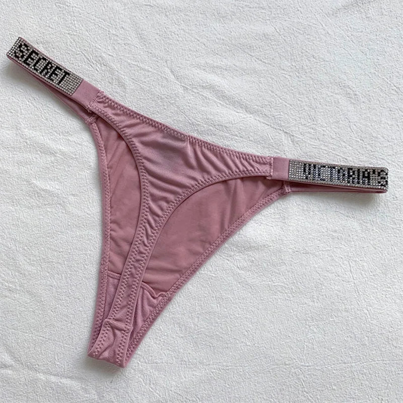 Nueva lencería Sexy rosa de marca, ropa interior íntima femenina, bragas para mujer, sujetador con letras de diamantes de imitación, breve cómodo