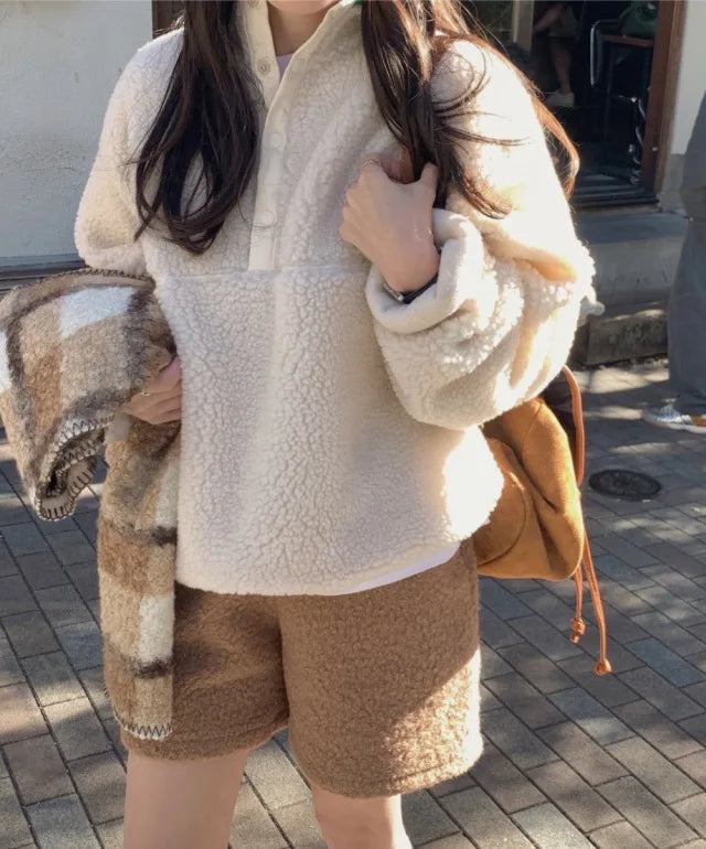 Suda de Terciopelo de Cordero para Mujer, Estilo Hoado y Casual, Cuello Alto, Abrigo Cálido de Manga Larga, Versión Cor...