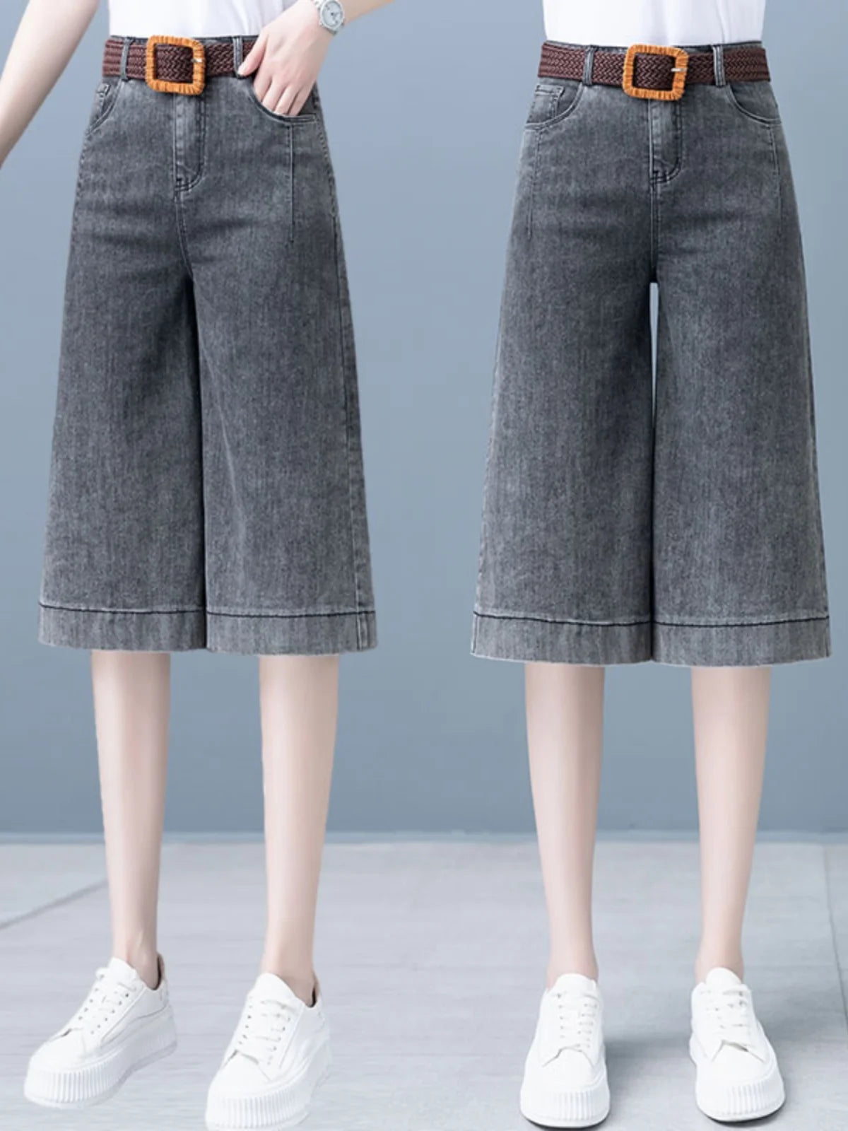 Plones vaqueros de pierna ancha de cintura alta para mujer, novedad de verano, estilo fino, cinco-siete, sueltos, adeaz...