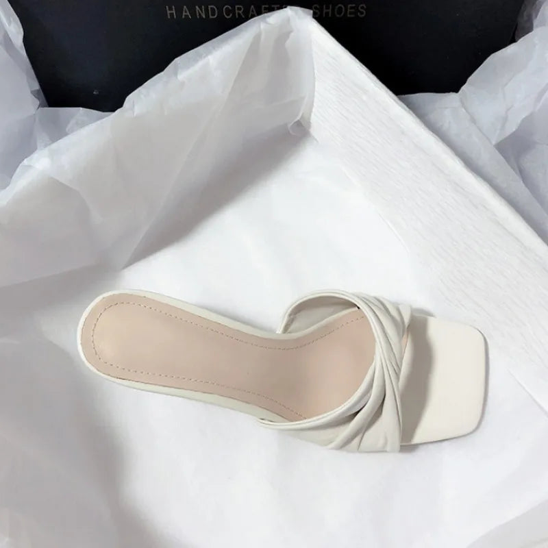 Zapatos de tacón alto con punta abierta cuadrada para mujer, zapatillas hechas a mano, color blanco albaricoque