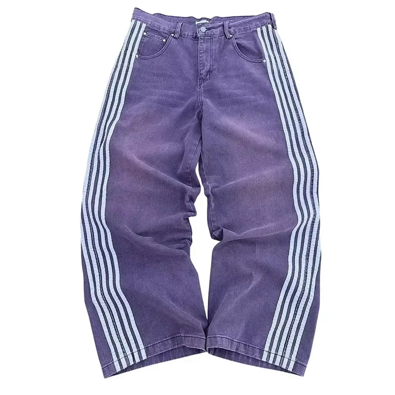 Pantalones vaqueros holgados Y2K de alta calidad, pantalones de chándal Harajuku bordados a rayas, ropa informal estilo Hip Hop para hombres y mujeres, pantalones vaqueros de pierna ancha informales YUNO STUDIOS