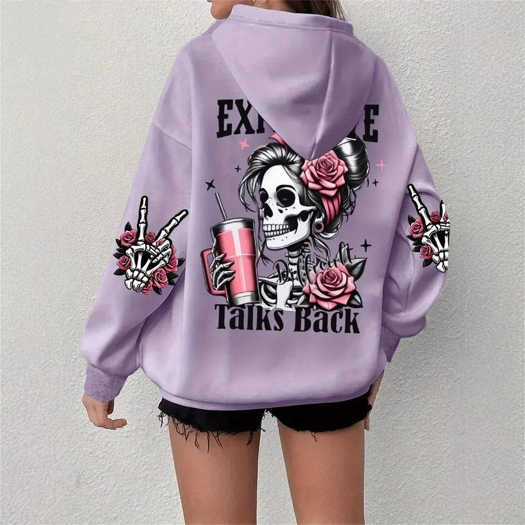 2025 Ropa deportiva de gran tamaño popular para otoño e invierno, sudadera con capucha de manga larga con estampado de calavera