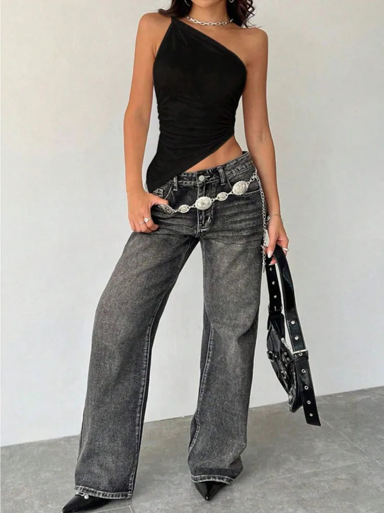 2025 nueva camiseta informal de moda para mujer Color sólido un solo hombro asimétrico ajustado Top cuello de una sola pieza YUNO STUDIOS