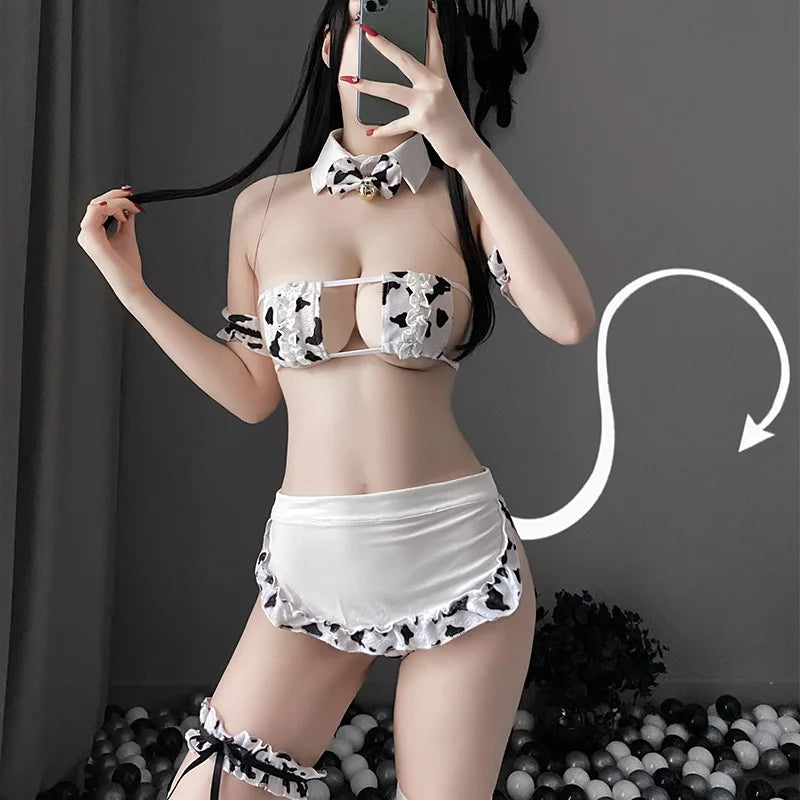 Disfraz exótico de vaca de Anime, conjunto de lencería de Bikini de estilo japonés para juego de rol, ropa de dormir nocturna, ropa para discoteca, uniforme de sirvienta YUNO STUDIOS