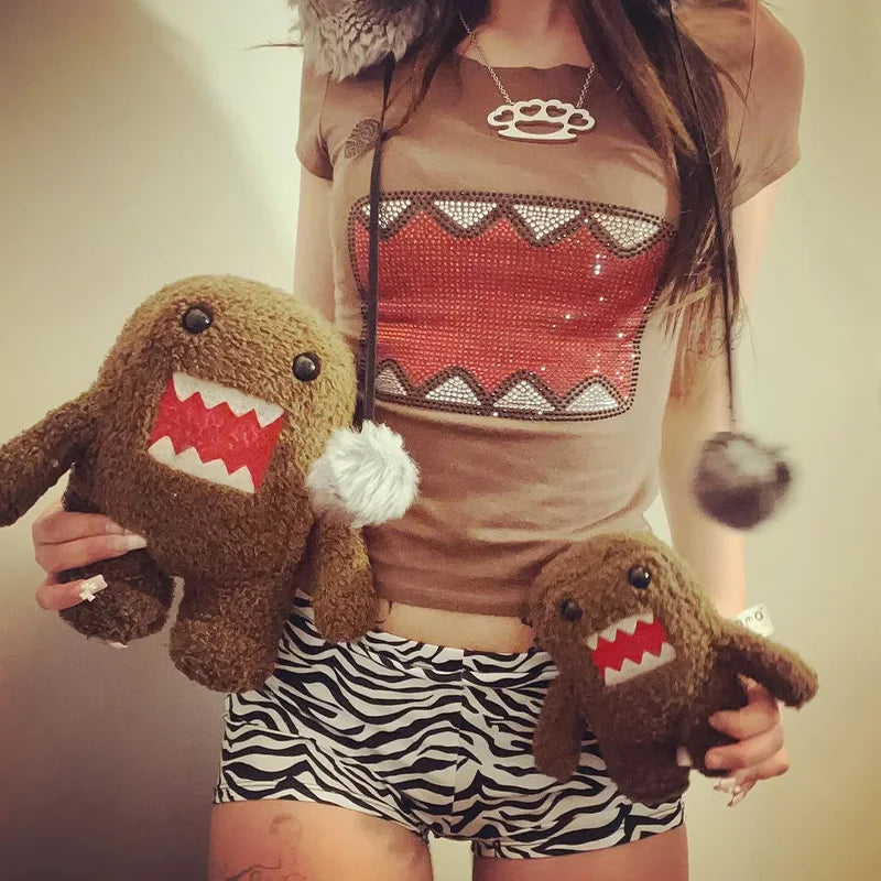 2025 verano nuevas mujeres Y2K chica Retro Hot Fix aplicación de diamantes de imitación cuello redondo Top camiseta divertida Vintage Tama Jun Top