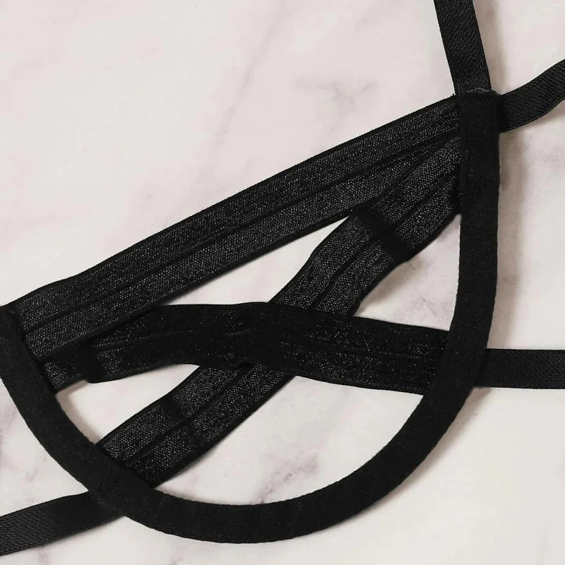 Conjunto de lencería con arnés Bondage para mujer, conjuntos de sujetador calado elástico, sujetador de jaula sin copas negro, Tanga, ropa interior íntima Sexy exótica YUNO STUDIOS