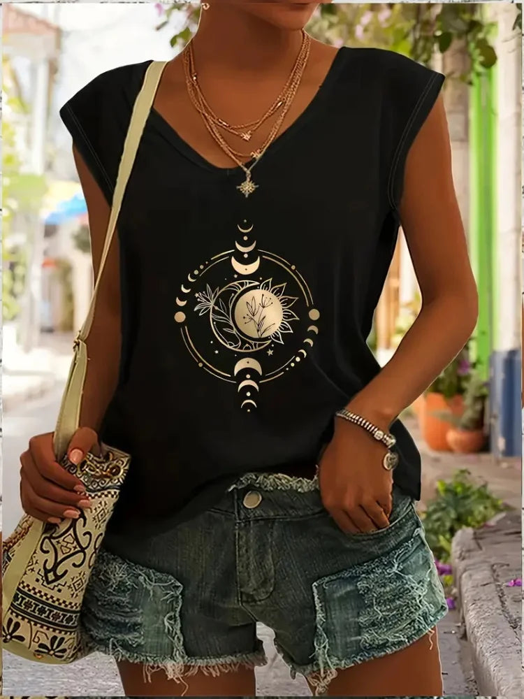 2025 nuevo chaleco sin mangas para mujer con tótem Retro Para sol y luna estampado verano calle Casual moda S-5XL YUNO STUDIOS