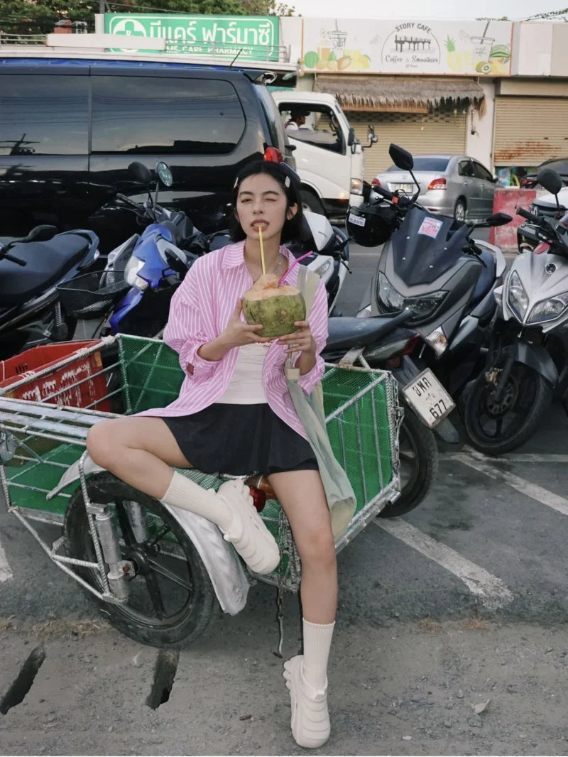 ETJ 2025 primavera de las mujeres nueva moda europea-americana rayas de manga larga solapa versión suelta camisa de popelina selección multicolor