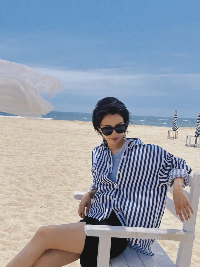 ETJ 2025 primavera de las mujeres nueva moda europea-americana rayas de manga larga solapa versión suelta camisa de popelina selección multicolor